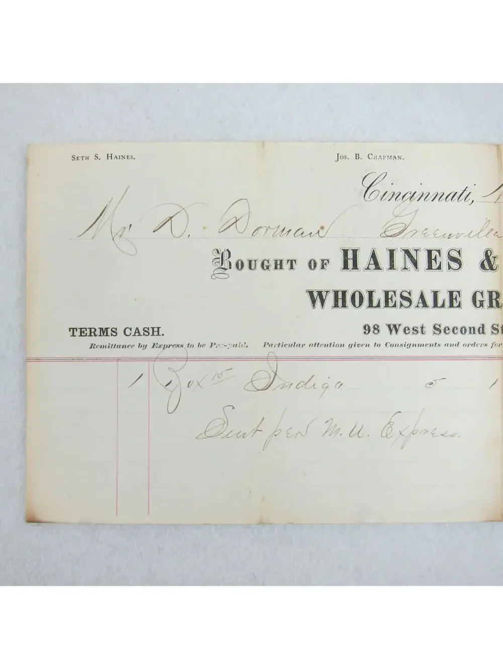 Antique 1867 Haines & Chapman Wholesale Grocer Cincinnati Ohio Receipt Invoice